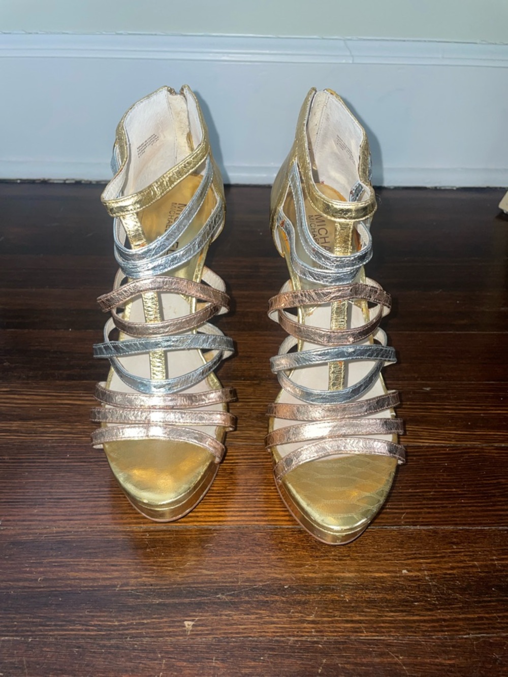 MICHAEL Michael Kors Metallic Gold, Silver & Rose Gold Strappy Heels